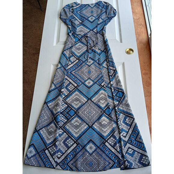 Fire Los Angeles Blue Button-up Maxi Dress M deep slits black mosaic waist tie - Picture 3 of 14